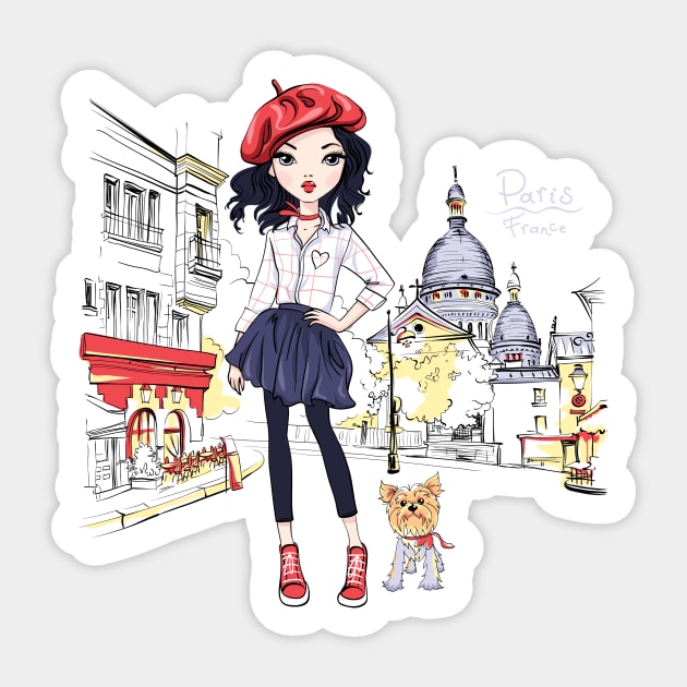 Fashion girl with dog in Paris Sticker by kavalenkava